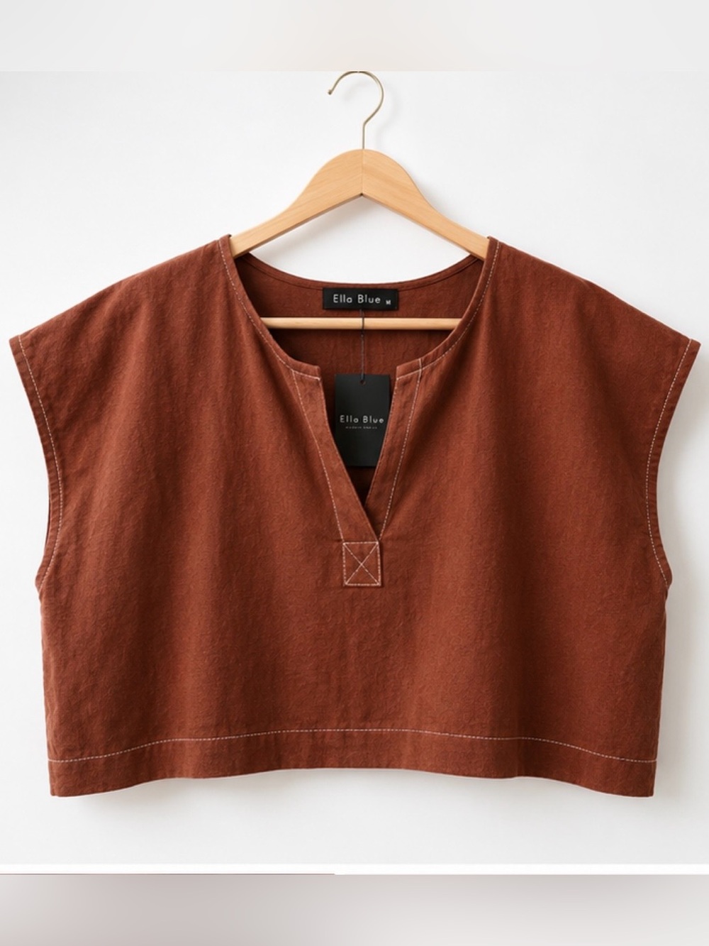 Ella Blue Rust Brown Contrast Stitch Crop Top Medium NWT Boho Linen Look